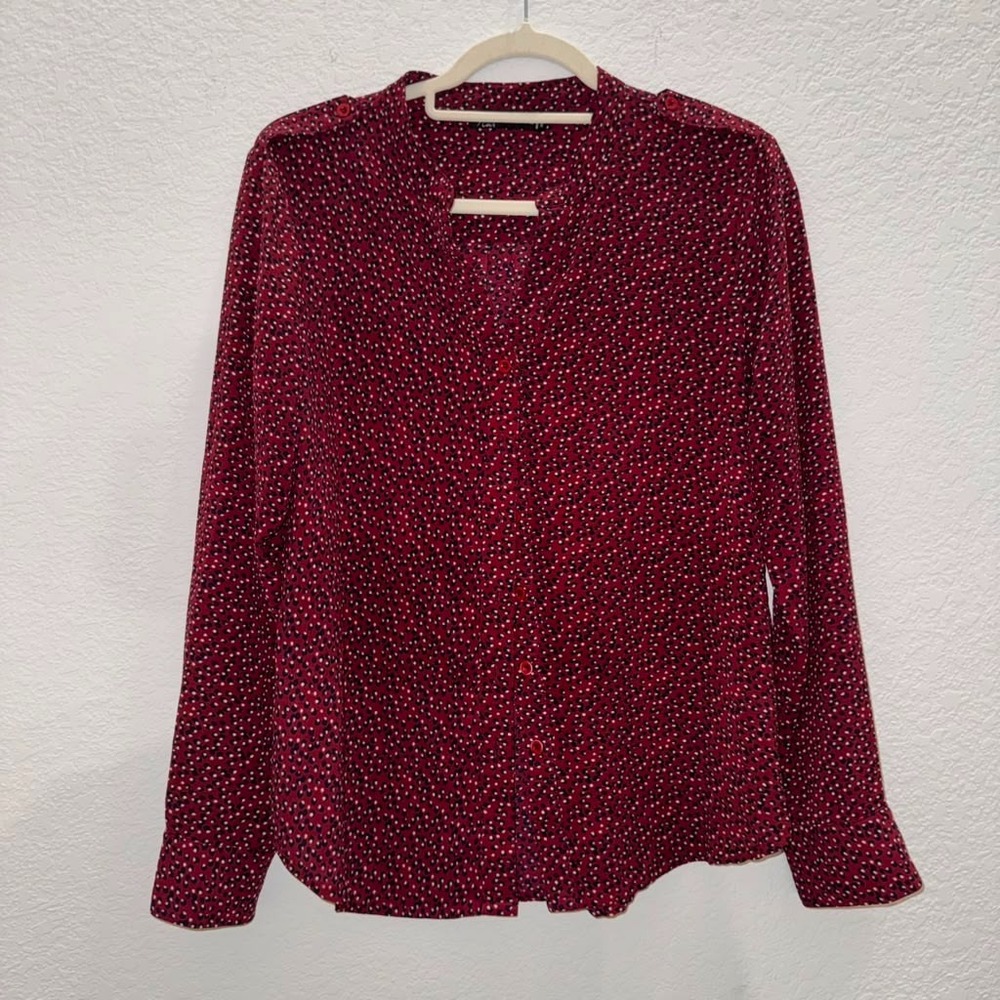 Noir Women's Sz M Button Up Top Maroon Dot Print V Neck Casual Work Smart Office